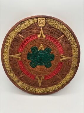 Handmade Aztec Calendar Wall Plate Clay Decor Rustic Boho Tribal Mayan Art Round
